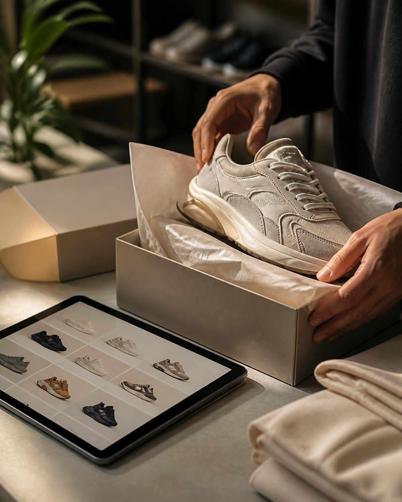 Product being packed beside a tablet showing a marketplace catalogue