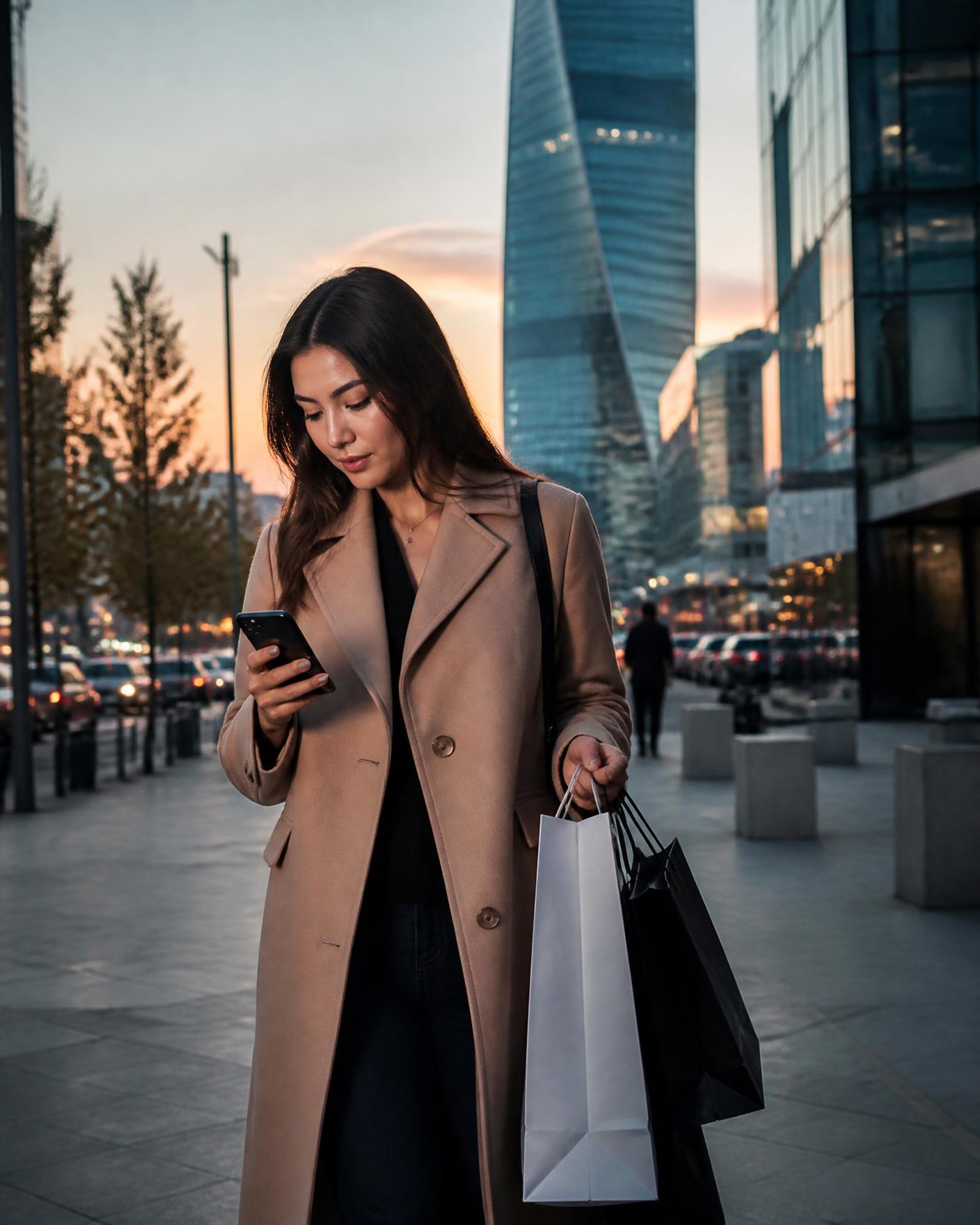 Urban shopper with shopping bags checking a phone