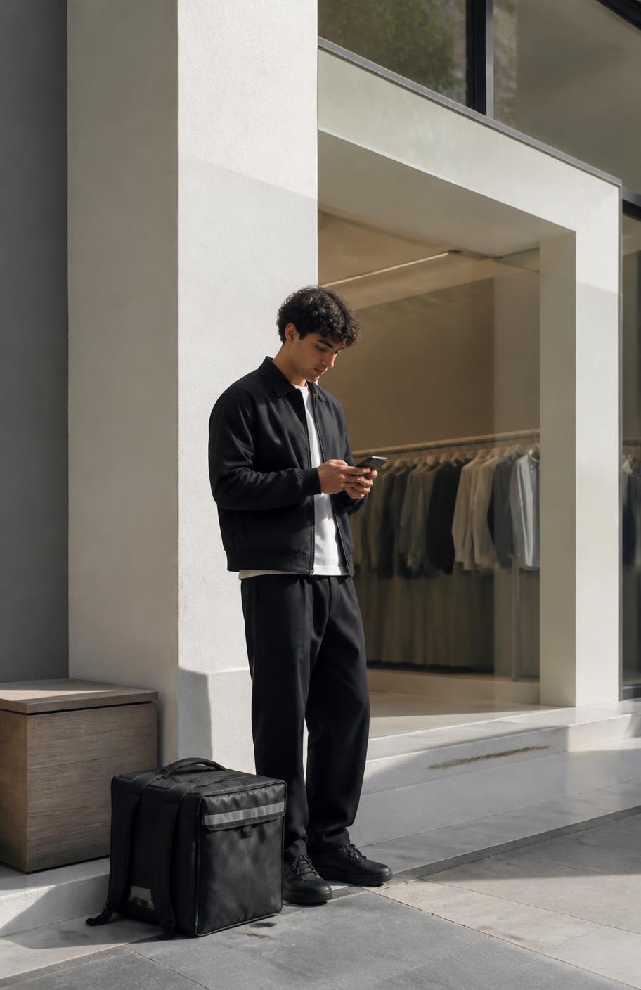 Courier checking a phone outside a modern retail store in the Caucasus